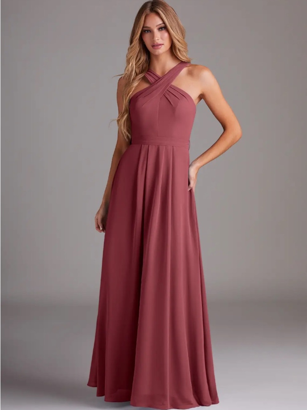Azazie Dixie Merlot A-Line Halter Pleated Chiffon Dress